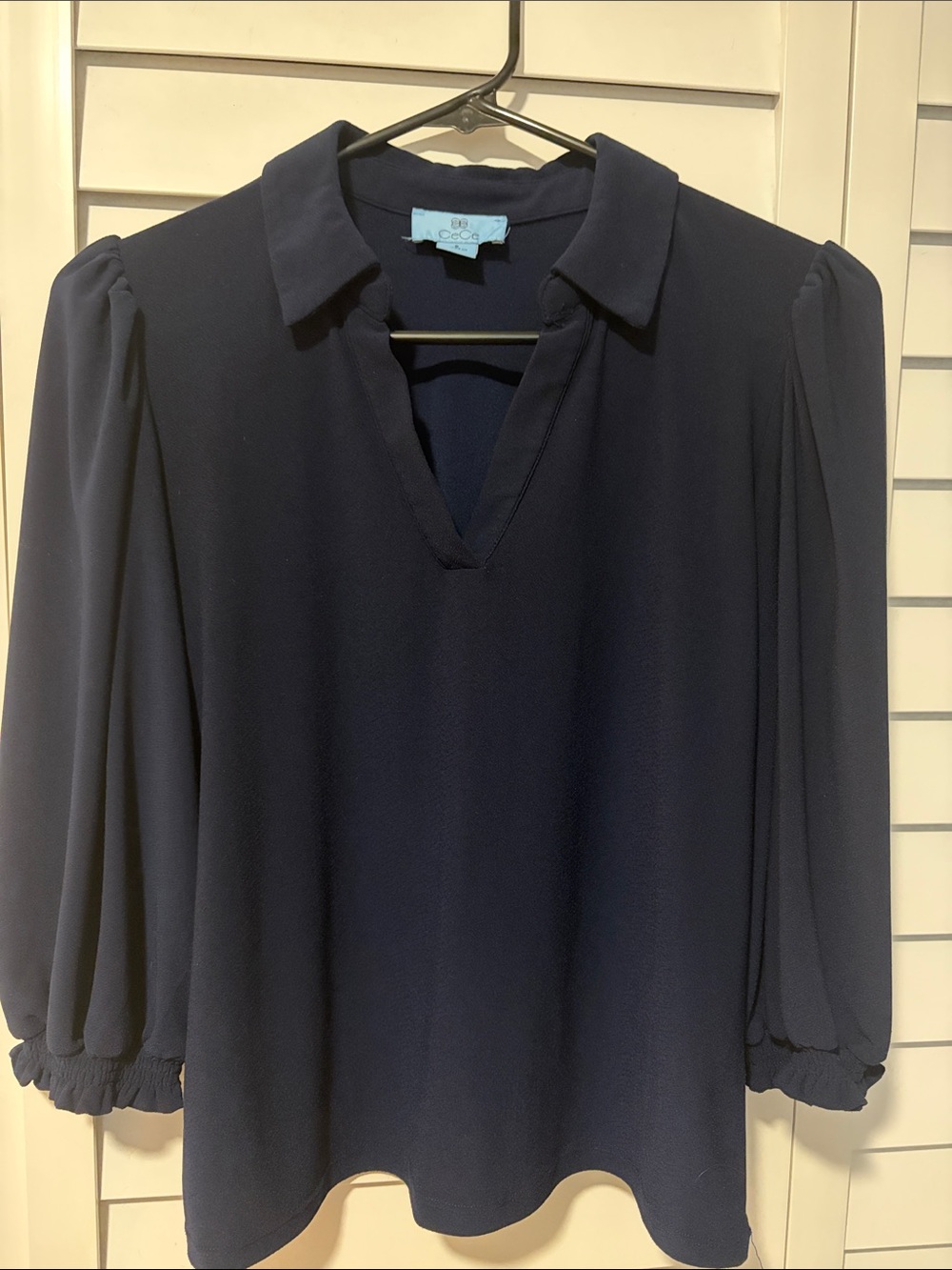 CeCe Navy V-Neck Collared Blouse with Puff Sleeves